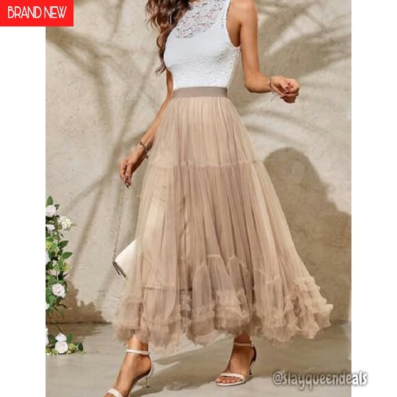 Maxi Tulle Skirt High Waisted Elastic A Line Layered Fairy Tutu - Picture 6 of 8